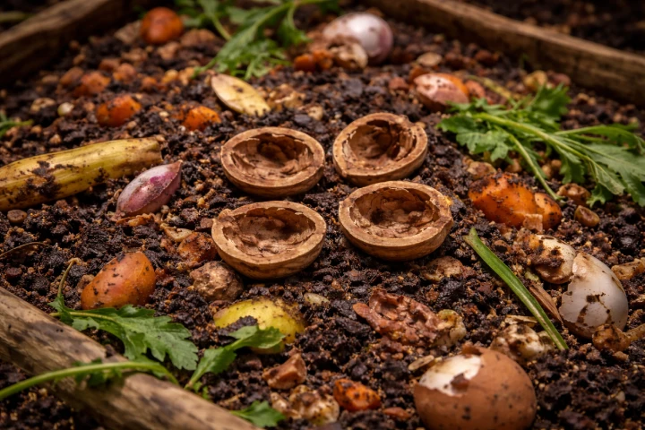 coquille de noix dans un compost humide