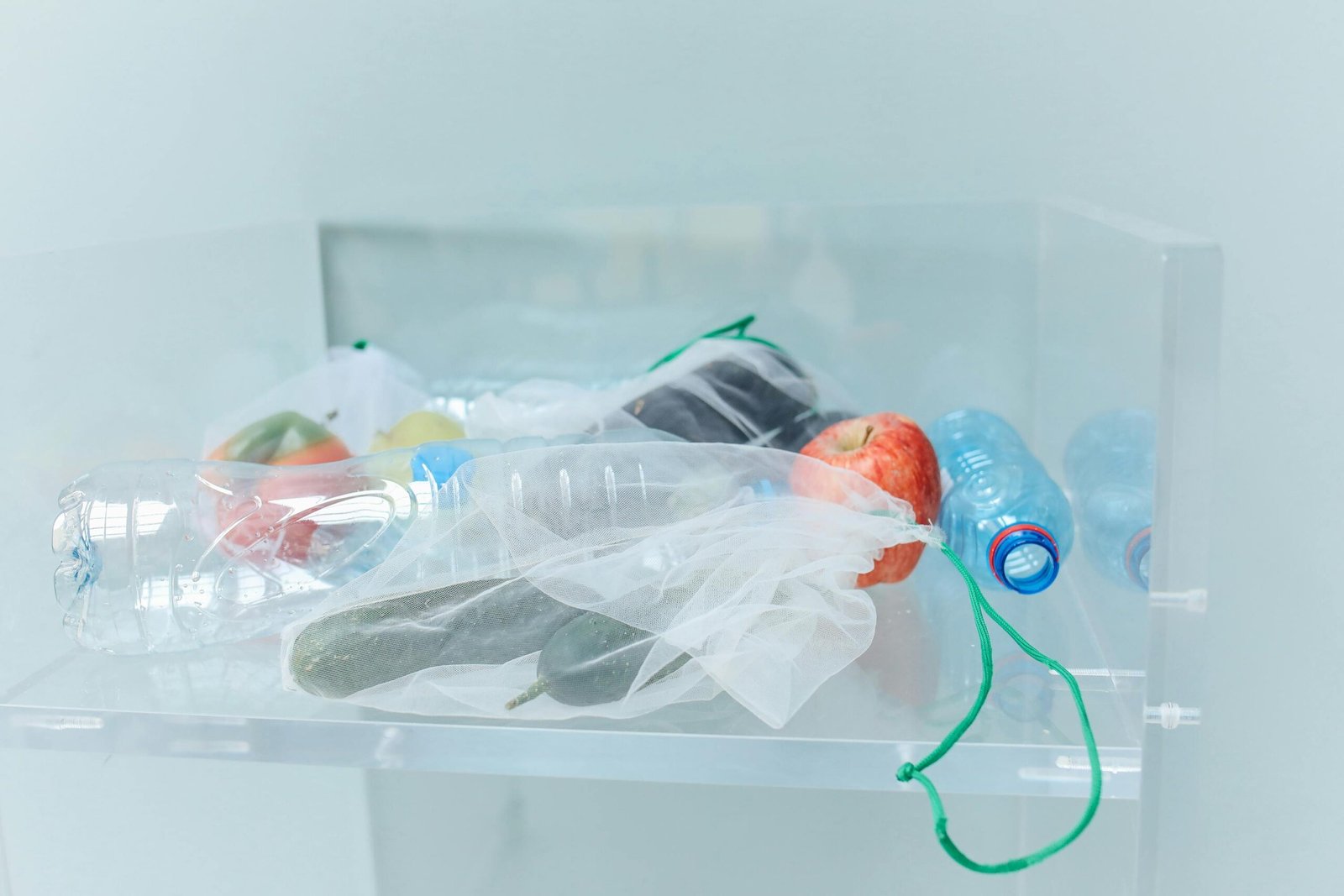 sac comprenant bouteille vide, fruit dans un bac de congélateur