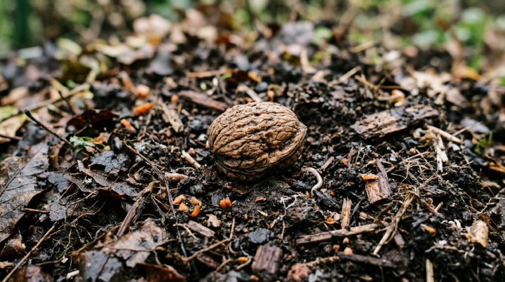 coquille de noix non cassé dans un composte rempli de végétaux